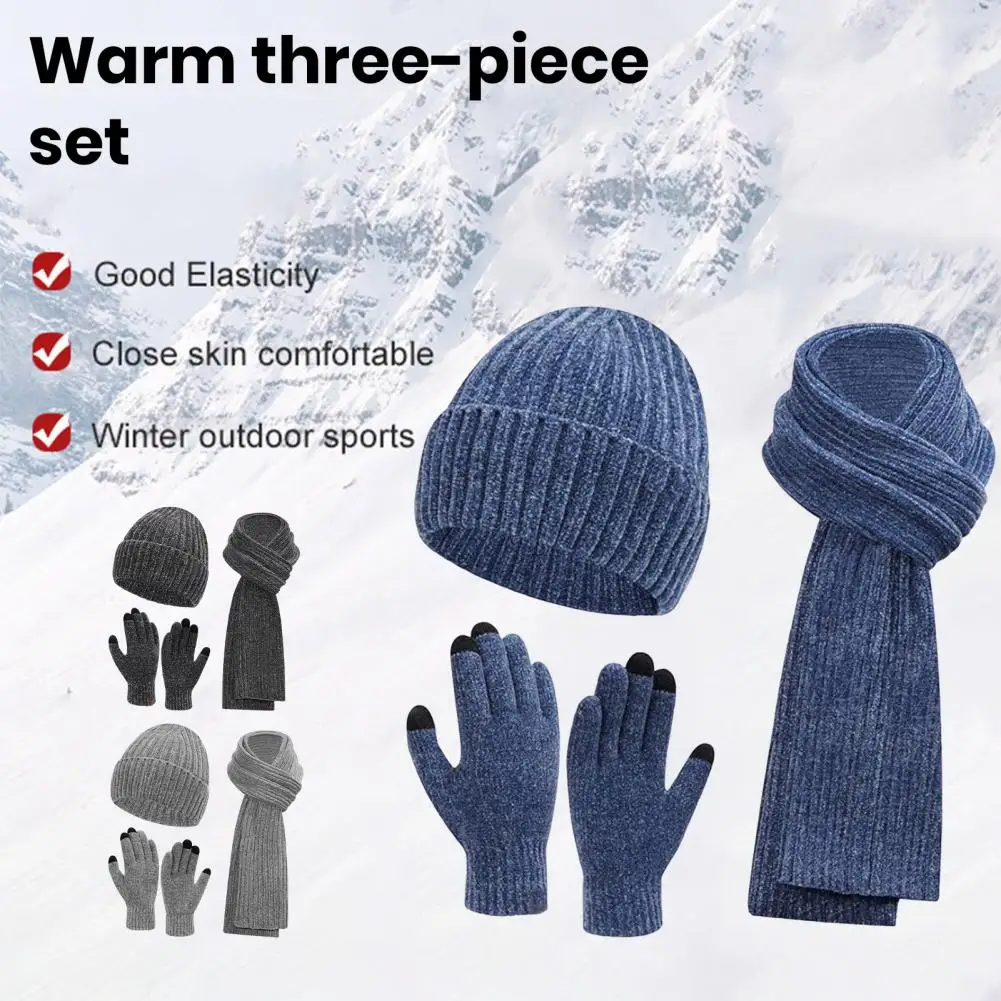 

Winter Hat Scarf Gloves Set Unisex Knitted Beanie High Sensitivity Gloves Fleece Lined Full Beanie Set