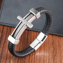Vintage Stainless Steel Cross Jewelry Crucifix Woven Genuine Leather Bracelet Christian Gift for Men