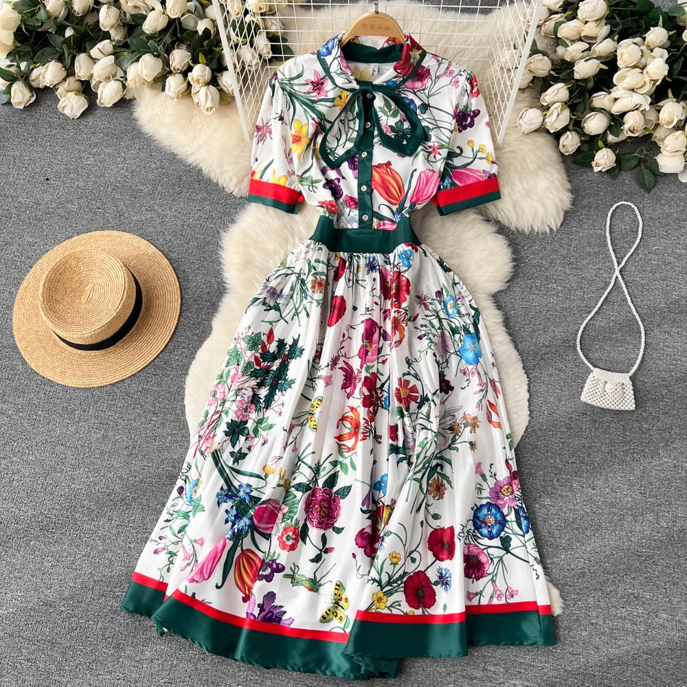 

Banulin Summer Runway Designer Pleated Dress Women's Bow Neck Short Sleeve Overlay Flower Print Slim Party Midi Dress Vestidos