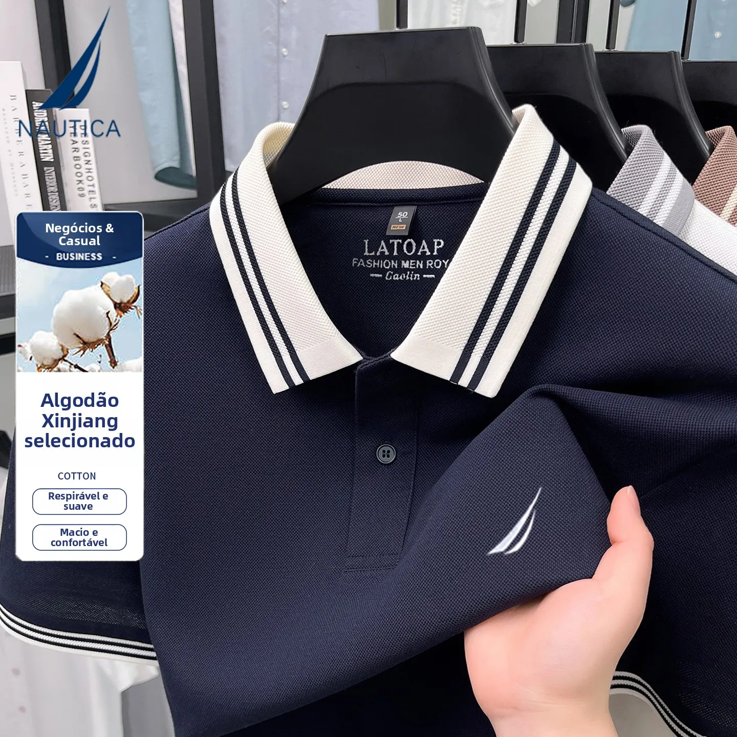 Camisa  Masculina Nautica de Verão em Algodão, Casual, com Gola em Cor Contrastante, Respirável, de Manga Curta, Estilo C...