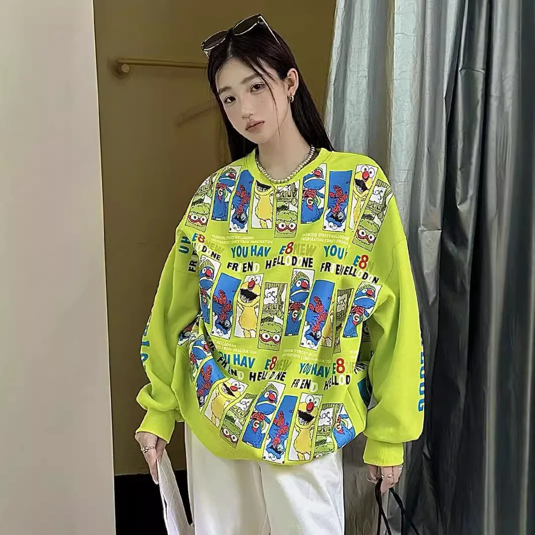 American Style Cartoon Print Oversized Hoodies Women Spring Autumn Fashion Round Neck Loose Mid-Length Casual Sweet Shirt Top