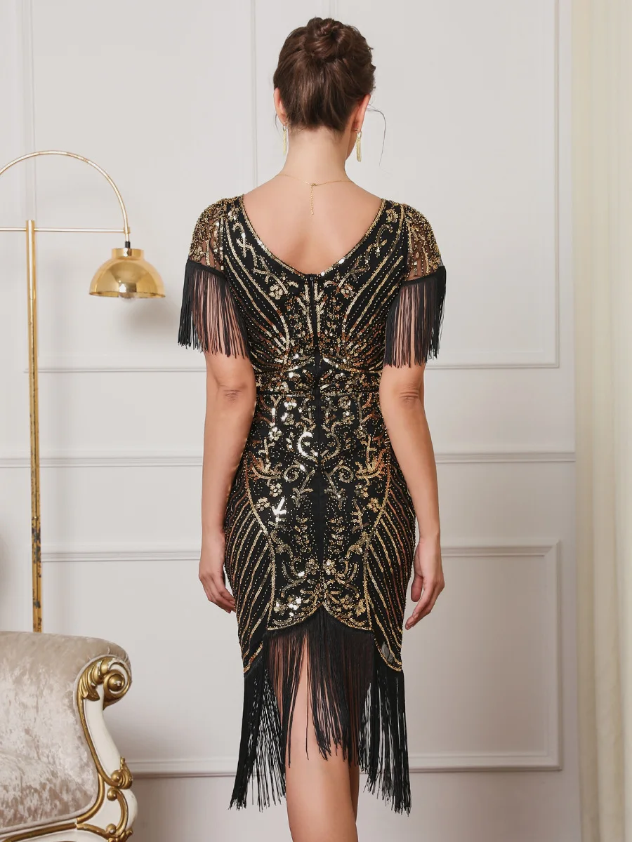 레트로 스팽글 태슬 드레스, 이브닝 가운, 하이 웨이스트 바디콘 드레스, 파티, 할로윈 댄스, 섹시 비즈 장식 드레스