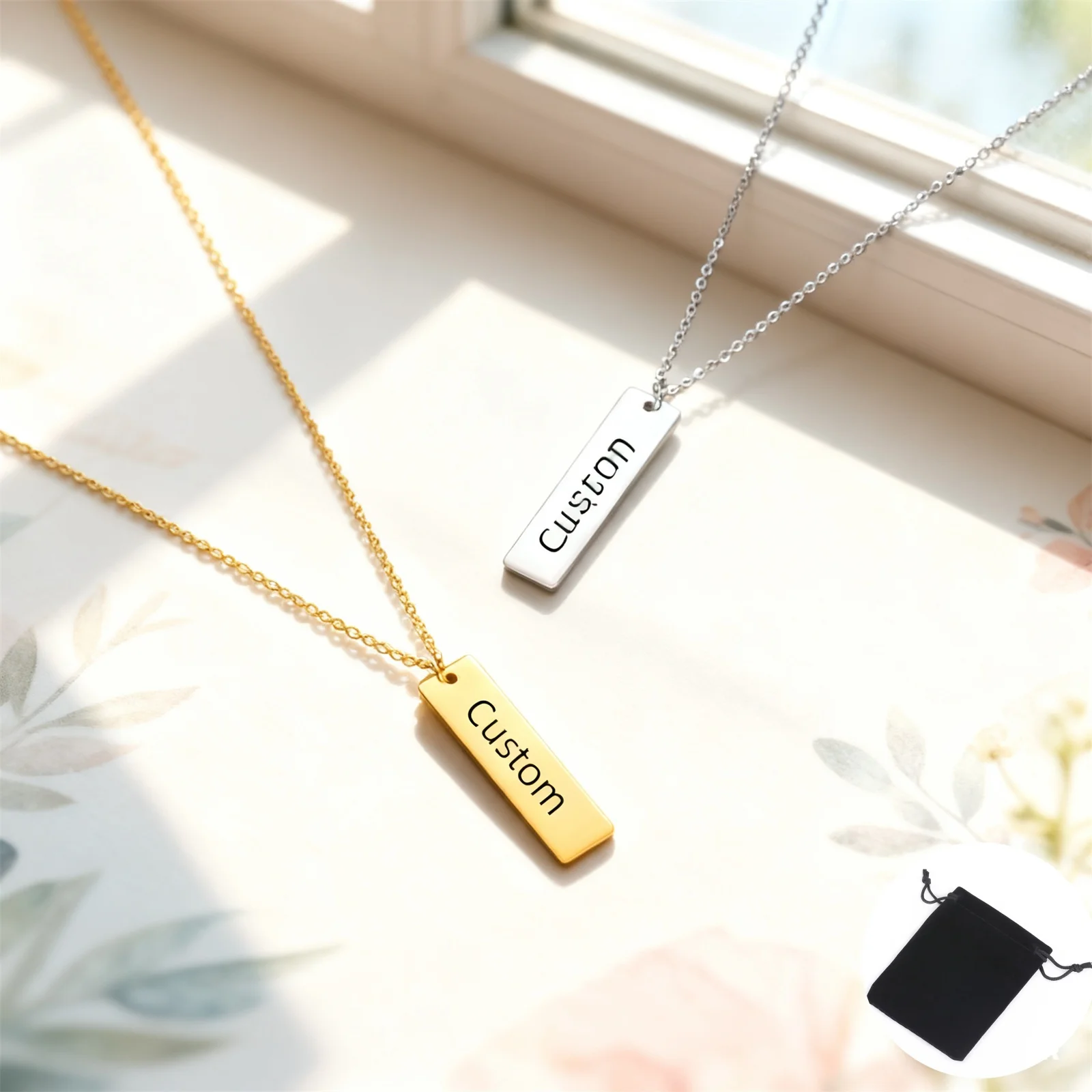 Customized Name Long Bar Rectangular Necklace Stainless Steel Personalized Date Number Couple's Neck Chain Fashion Jewelry Gift