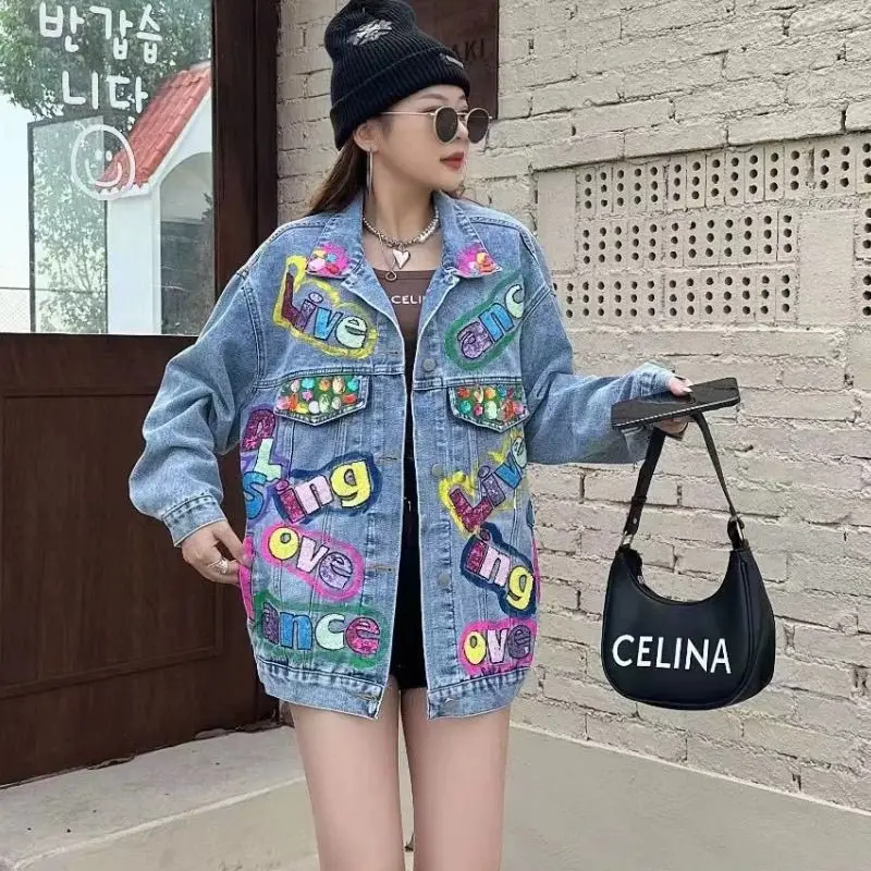 Denim Jacket For Womens 2024 Spring New Stitching Lace Sequined Flower Coats Fashion Female Clothes Jaqueta Jeans Feminina