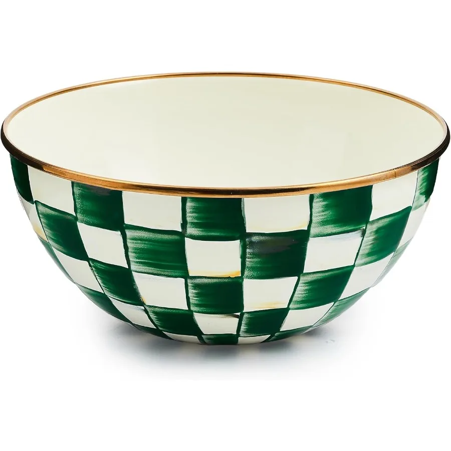 

Enamel Everyday Bowl Serving Bowl for Entertaining Small GreenandWhite Emerald Check