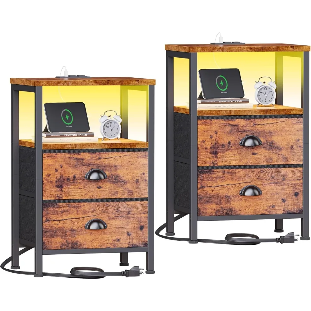 

2-Piece Nightstand Set with Charging Station, LED Lights, Fabric Drawers and Shelves for Bedroom or Living Room in Rustic Brown