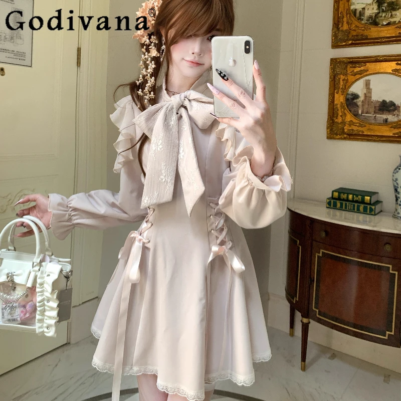 

Original New Autumn Clear Series Dress Women Gentle Sweet Long Sleeve Lolita Dress Princess Cute Bow Collar Dress for Girls