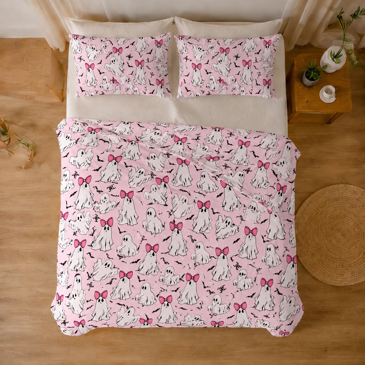 Pink Ghost Halloween Flannel Blanket 3 Piece Set with 2 Pillow Covers, Cute Bow Spooky Throw Blanket for Girls Bedroom Bed Sofa Couch Home Decor, No Pillow Inserts