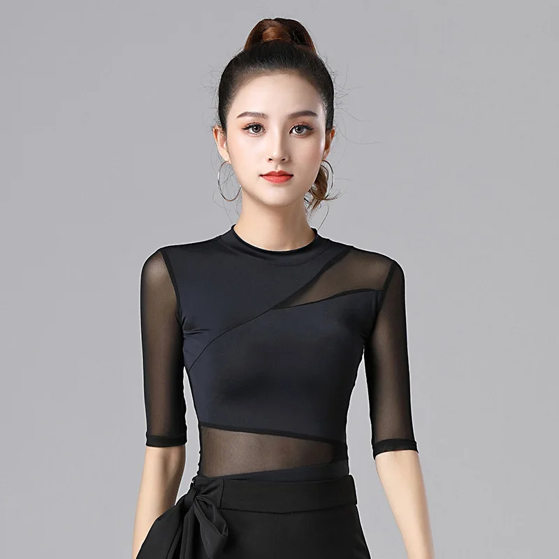 Ladies Dance Tops For Women Ballroom Latin Yoga Crop Tops Shirt Adult Female Sexy Mesh Mid-sleeve Blouse Dance New Black Clothes