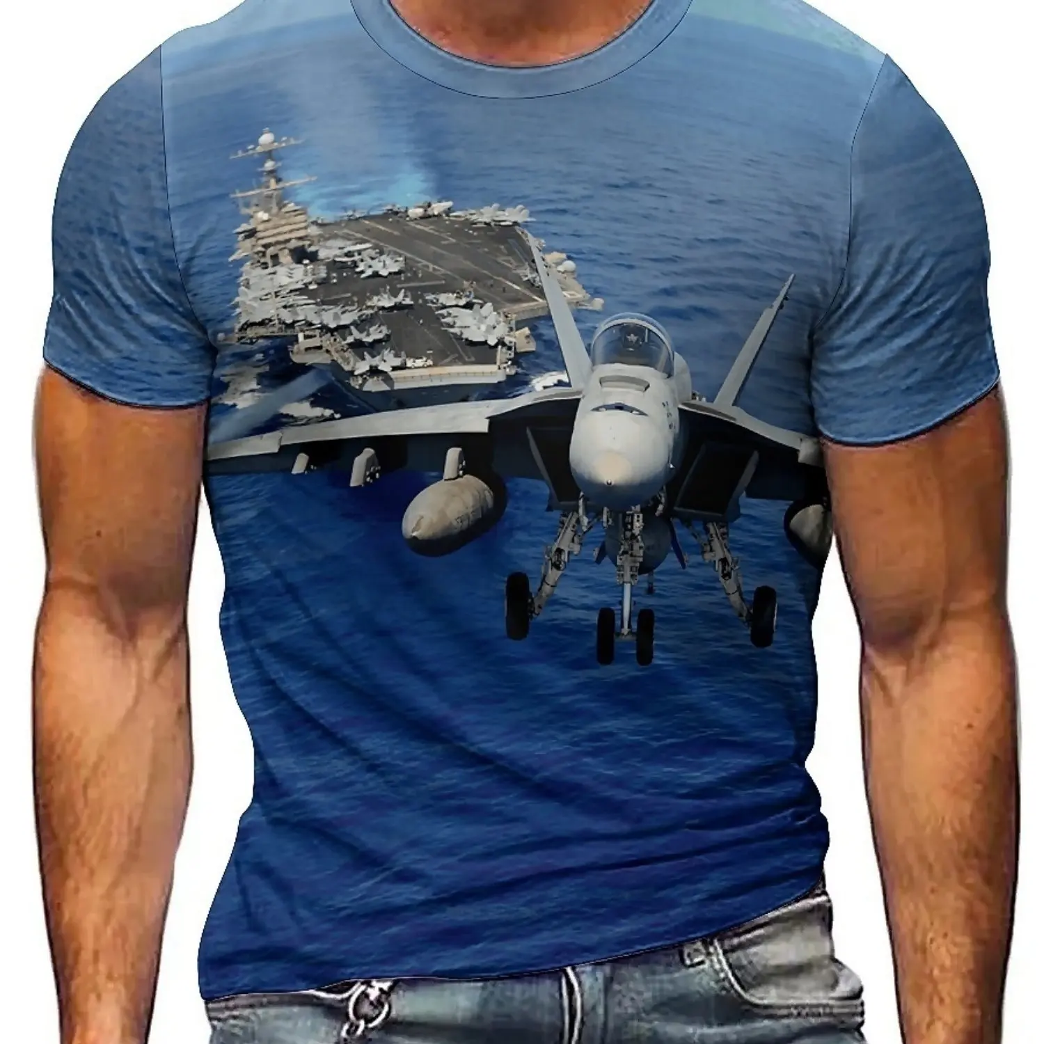 Men'S Plus Size 3D Airplane Carrier Graphic T-Shirt - Navy Blue, Soft Polyester, Short Sleeve, Loose Fit, Abstract Gothic tee