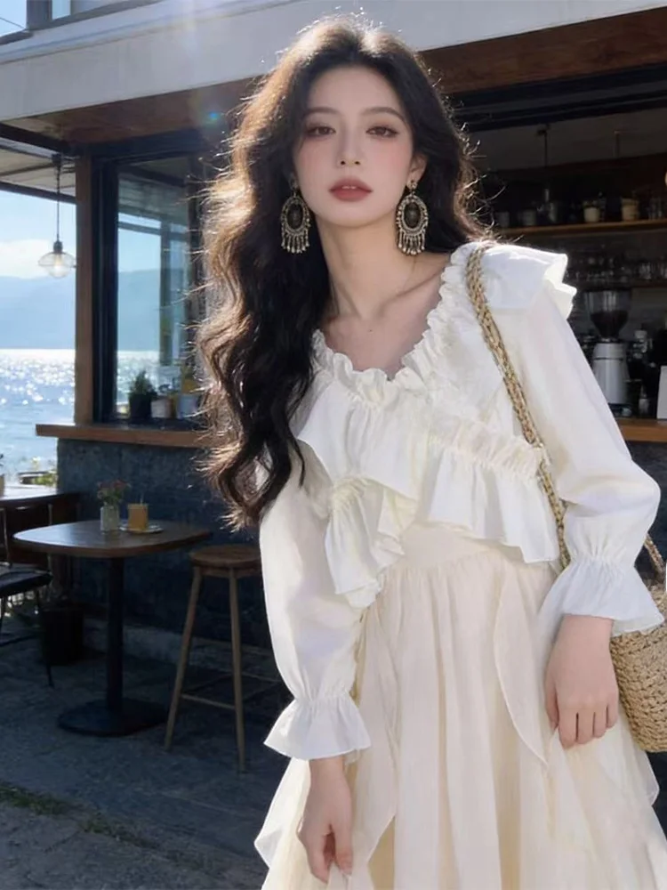 

Spring Vaion Travel Bubble Sve irt Dr Set Women's Anti-Aging Gentle Sle Faionable Two-Piece Suit V-Ne Long S...