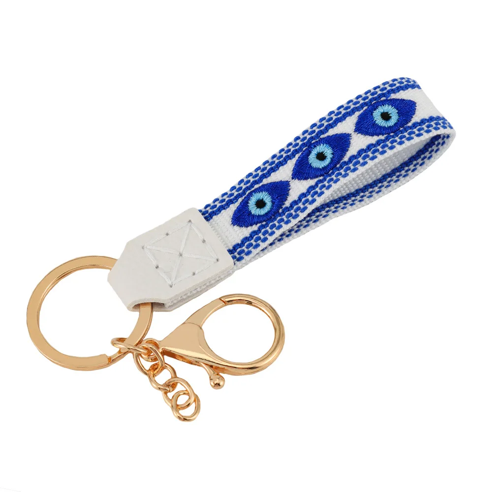 

Anti-Lost Devil's Eye Keychain Hanging Rope Pu Leather Blue Eye Pendant Exquisite Trinket Ethnic Style Embroidery Lanyard Women