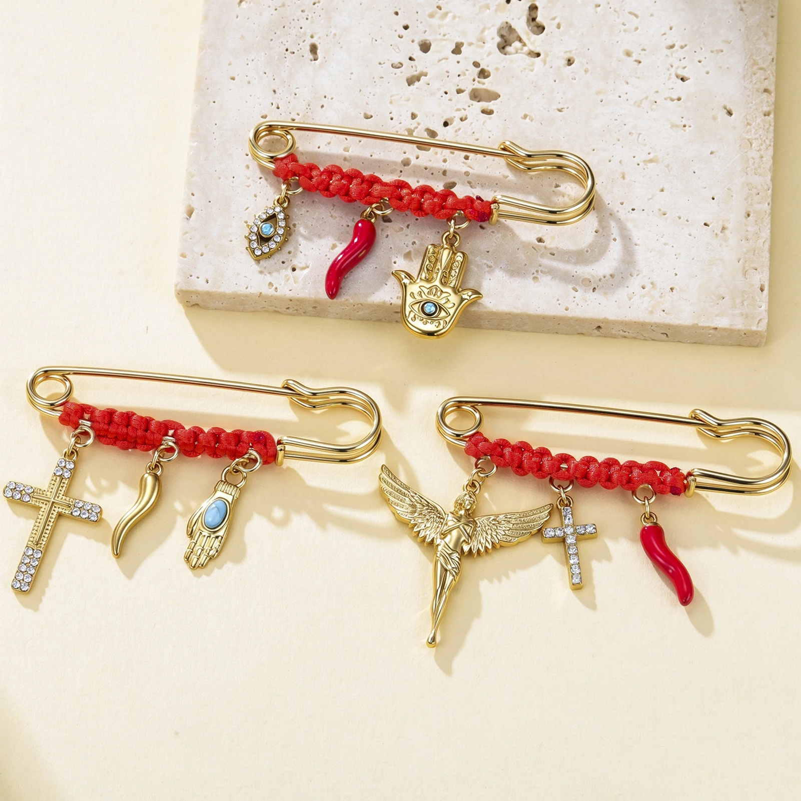 Lucktune Lucky Red String Brooch Hamsa Hand Evil Eye Cross Angel Amulet Pins Religious Protection Jewelry