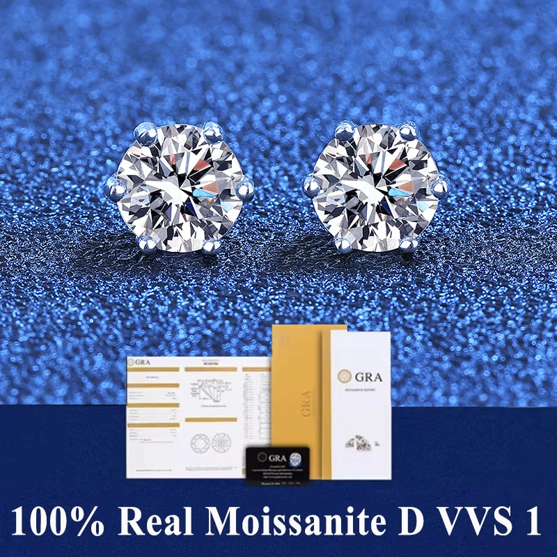 6 prong GRA Moissanite Studs Earrings Pass Diamond tester For Women 18K Platinum Plated Bride Wedding Gemstone Silver Earrings