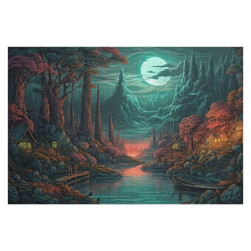 Night falls on the river village- river-house-nature-trees-landscape-water-reflection-mountains Jigsaw Puzzle