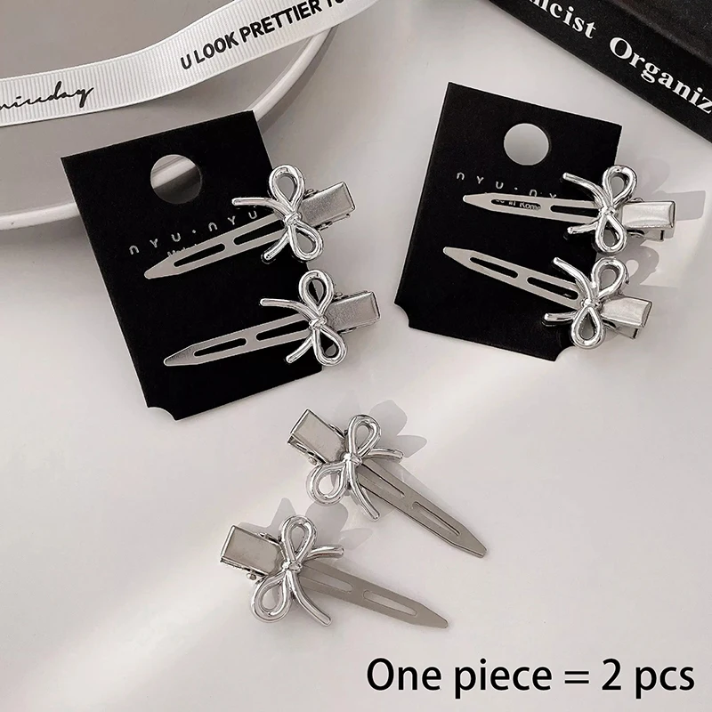 2Pcs Silver Bow Hair Clip Sweet Cute Barrettes Hairpins Hair Accessories For Women Style Headwear Headdress