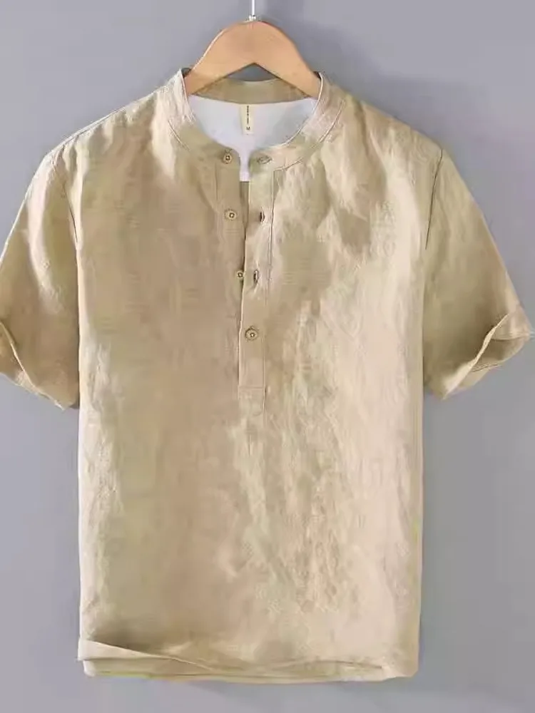 レトロリネン半袖tシャツメンズ薄手ルーズサマートレンドコットンリネンスタンドカラーハーフスリーブシャツポケットハンカチ