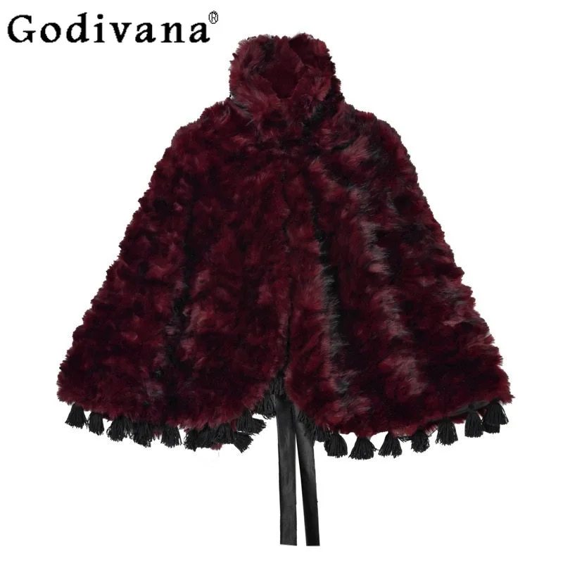 Mantella Gotica Rossa Romantica con Pelliccia, Cappotto Invernale Femminile in Stile Giapponese, Dolce Scialle Oversize a Maniche Lunghe per Donne