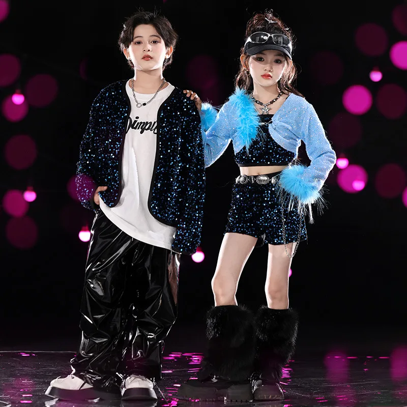 

Kid Hip Hop Clothing Blue Sequin Cardigan Shirt Black Faux Leather Casual Pants Shorts for Girl Boy Jazz Dance Costume Clothes