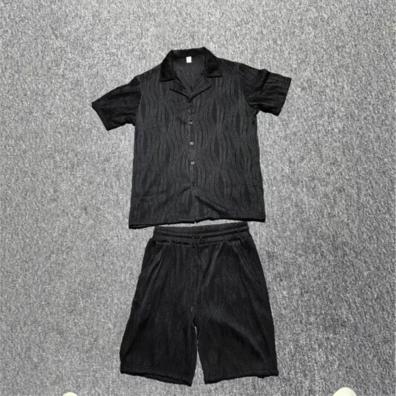 Hawaii Beach Suit Men's casual daily outdoor travel solid color jacquard lapel short-sleeved Shirt drawstring Shorts 2-pice Set