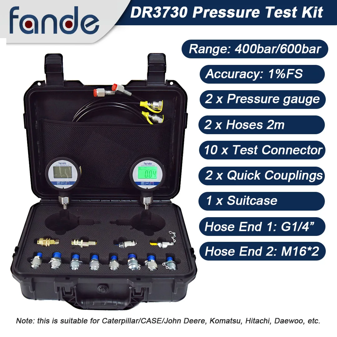 Fandsensor Hydraulic Pressure Test Kit 600bar Accuracy 1%FS Test Hoses 10 Couplings for Caterpillar Hitachi Komutsu Daewoo