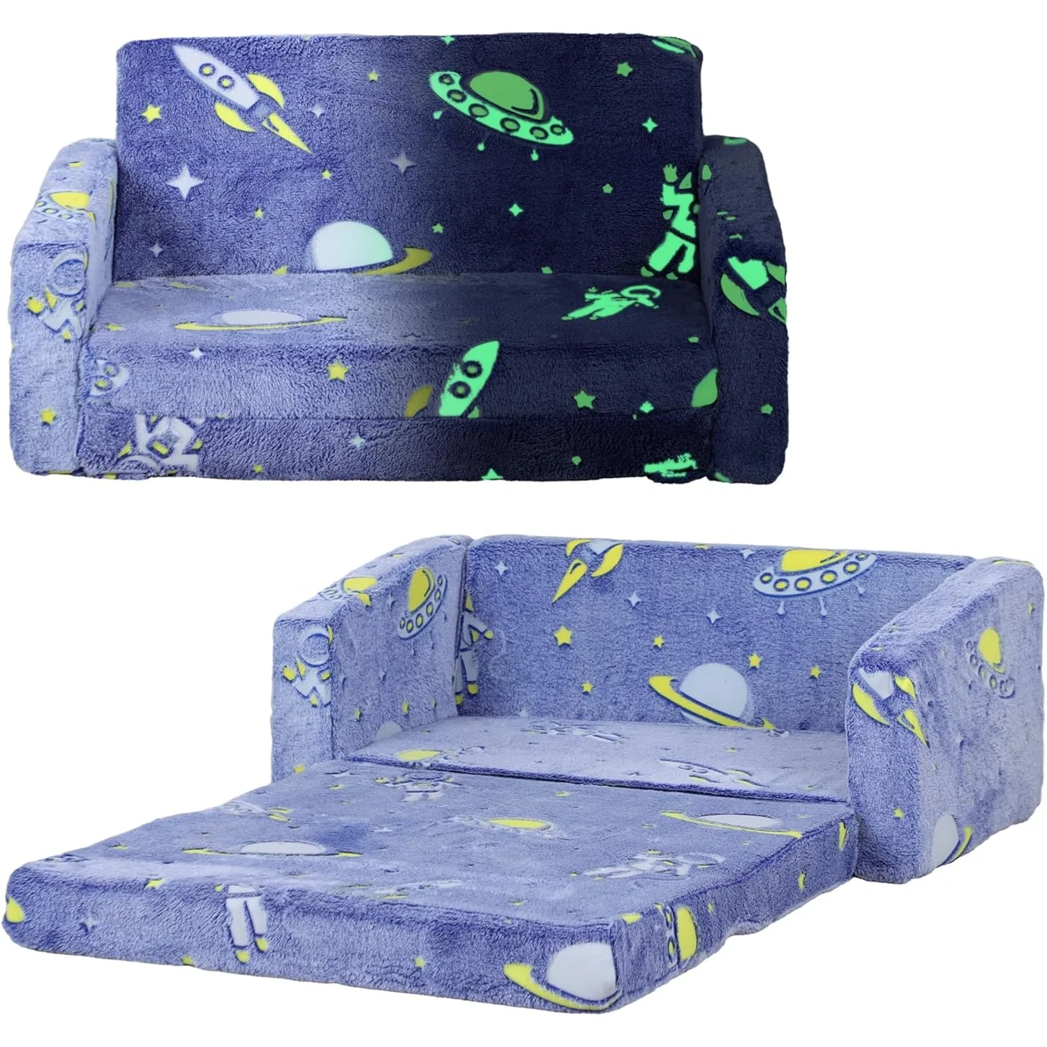 2 in 1 Kids Sofa Chair, Toddler Couch with Glow in The Dark Cosmic Patten, Washable Cover