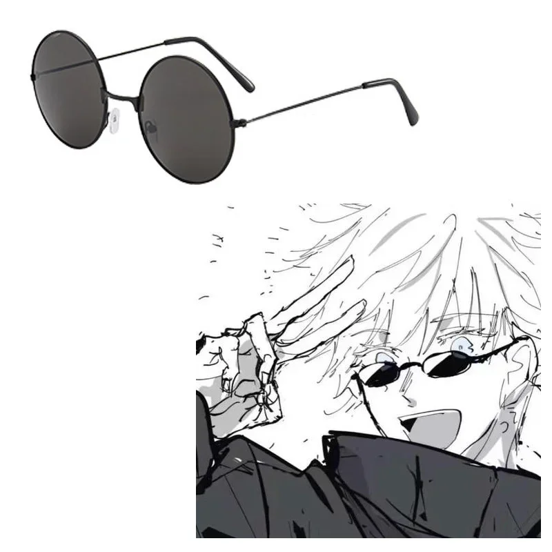 Anime Jujutsu Kaisen Gojo Satoru rekwizyty do Cosplay czarne okulary Steampunk okrągła ramka okulary akcesoria do okularów przeciwsłonecznych unisex