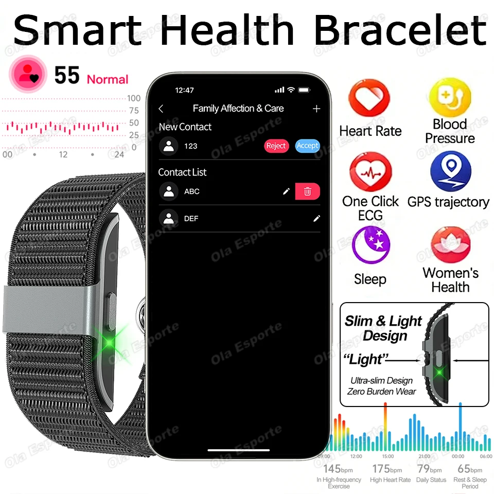 

Новый смарт-браслет с ЭКГ-монитором, измерением ЧСС, давления, стресса, водонепроницаемый, 2026, без экрана, для женского здоровья, для активного отдыха, умные часы