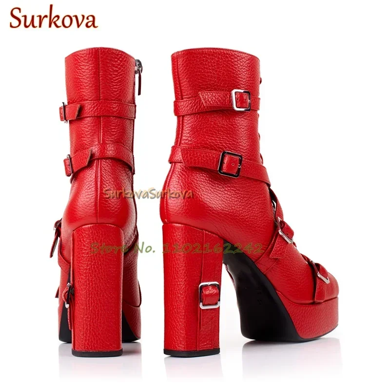 

Genuine Leather Platform Ankle Boots Red Round Toe Buckle Side Zipper Mid-Calf Winter Boots Women'S Shiny High Heel Ankle Boots