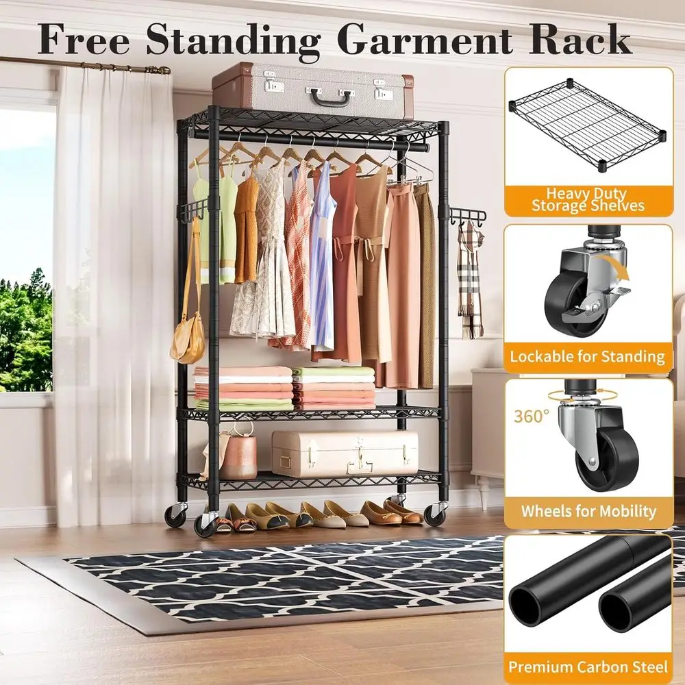 Portable 3-Tier Adjustable Rolling Garment Rack with Hanger Rod and Side Hooks for Clothes Storage