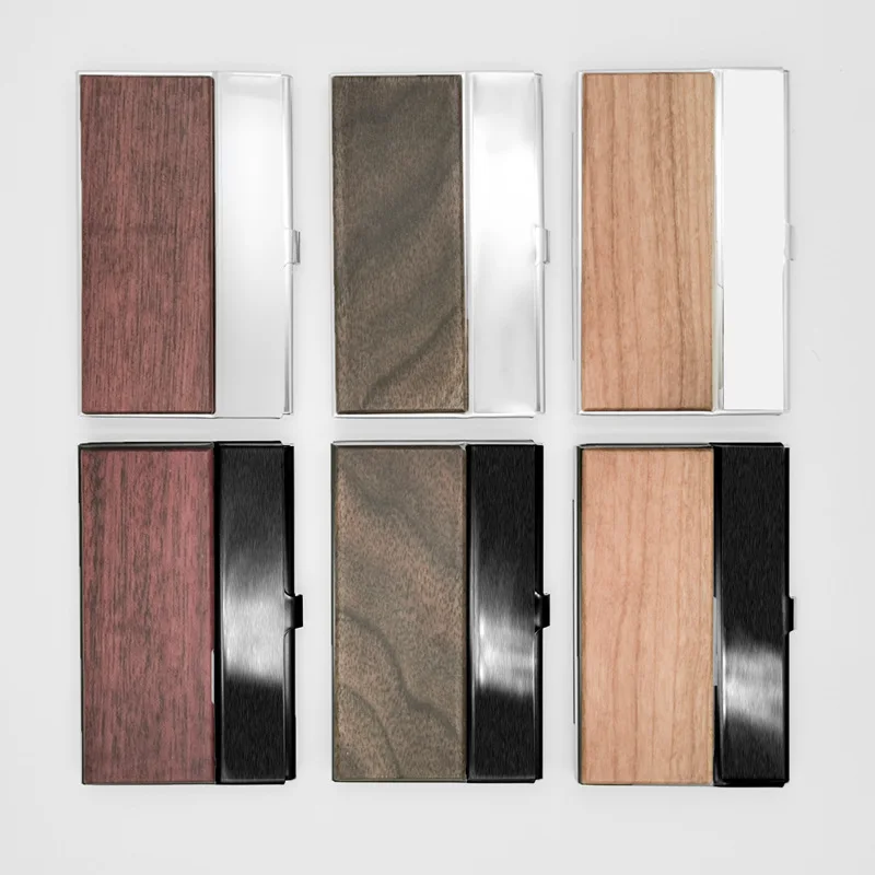 Stainless Steel Custom Logo Wooden Business Card Box Case Laser Engraving Wood Clip Personalized Cardcase Activities Gifts