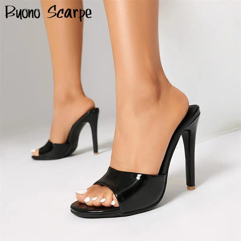 

Western Style Patent Leather Open Toe Solid Color High Heels Women Sandals Slip On Outdoor Slippers Plus Size Fashion Sexy Shoes