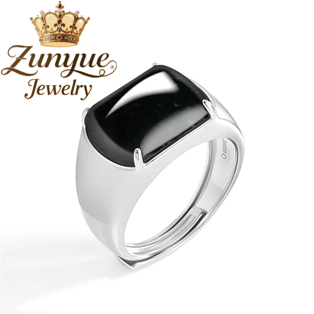 

S925 Серебряное натуральное жадеитовое кольцо из черного нефрита класса А, кольцо-седло из ледяного нефрита, черное нефритовое кольцо на палец, мужской стиль, регулируемый