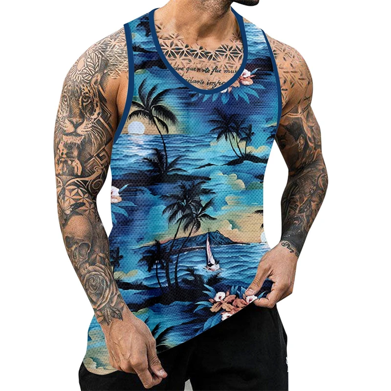 Summer Coconut Tree 3D Printed Hawaiian Beach Tank Tops Men\'s Casual Fashion Vest Oversized Sleeveless Tank Top Gym Man Clothing