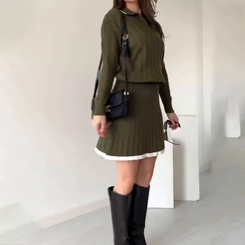 

Women's Knitted Sweater 2025 Autumn New POLO Collar Patchwork Short Skirt Fashion Set