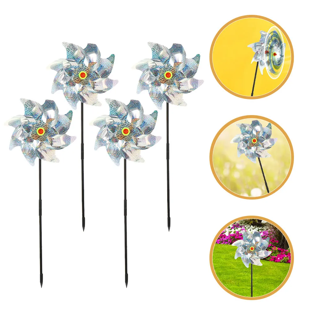 Reflective Wind Spinner 4 Pack Outdoor Garden Pinwheels for Yard Balcony Bird Deterrent Rotating Decor