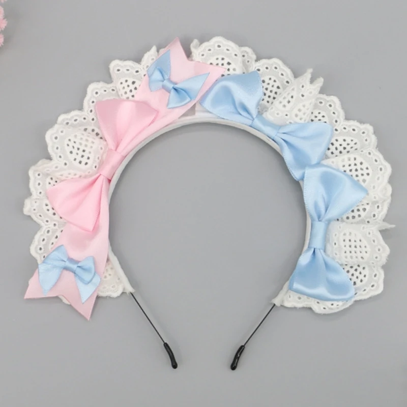 Handmade Hair Accessory Headband Gothic Lolita Cosplay Maid Lace Hair Trim Hair Hoop Cute Bowknots Decor for Women Girls