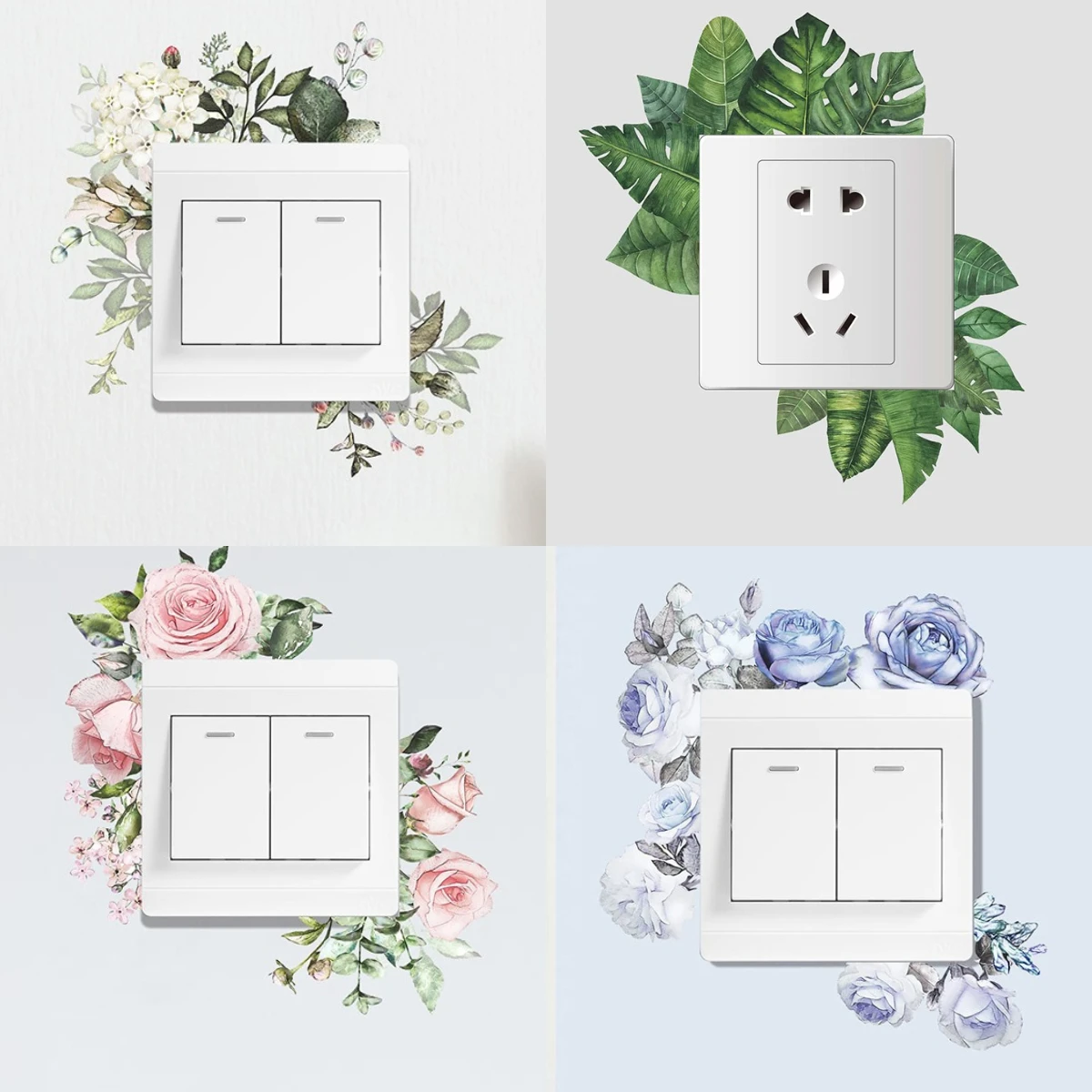 9Style Leaf Green Plant Personality Wall Sticker Tropical Palm Flower Light Switch PVC Home Decoration Decal Rose Peony