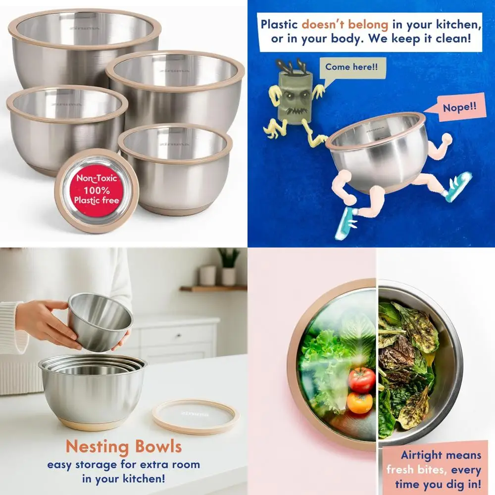 

Набор нетоксичных мисок для смешивания, нержавеющая сталь и стекло, 5 предметов, без пластика, с силиконовым нескользящим основанием, можно мыть в посудомоечной машине, кухня