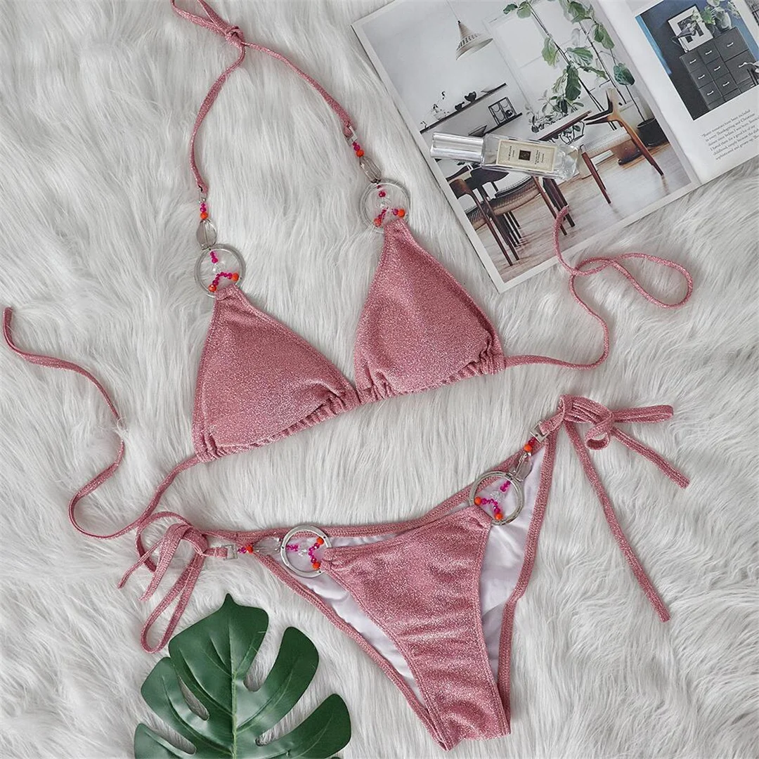 Glitzernder, funkelnder Bikini mit Scrunch-Effekt für Damen, zweiteiliger Badeanzug, Badebekleidung, Badeanzug, Schwimmbikini V4015 – Detail 21