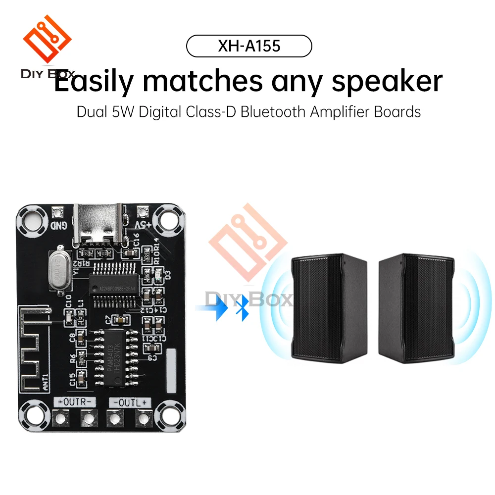 5W+5W TYPE-C Mini PAM8403 Class D Digital Stereo Amplifier Board XH-A155 Bluetooth-compatible 5.0 Amplifier Module DC5V