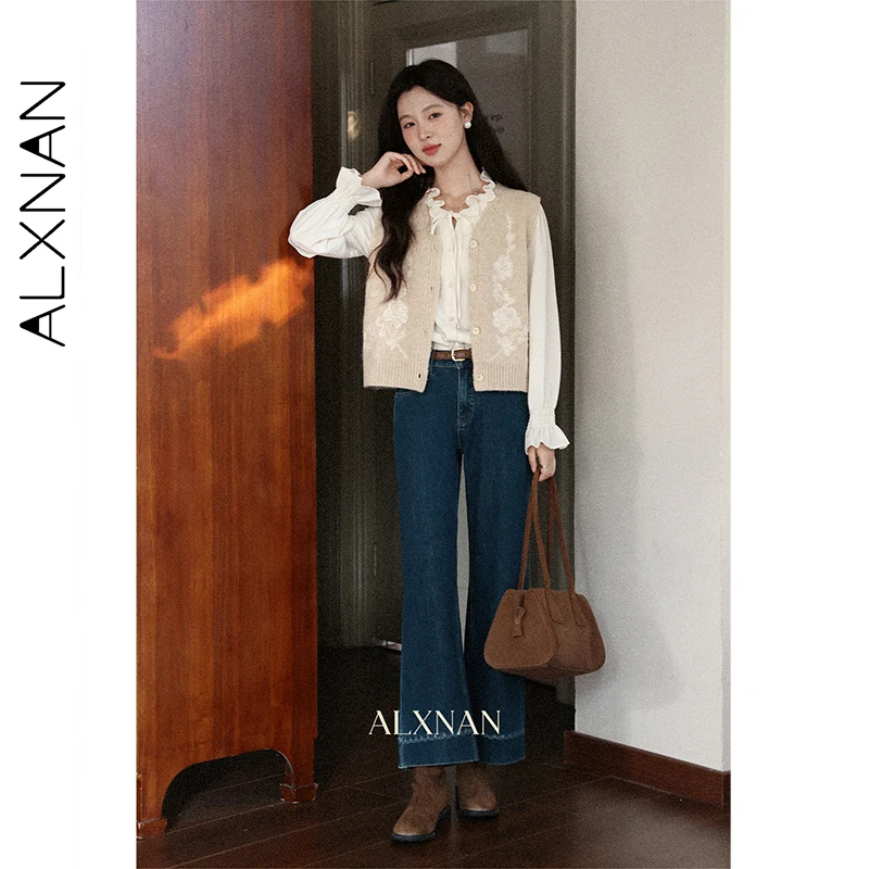 ALXNAN ヴィンテージブルージーンズストレートハイウエストワイドレッグコットンデニムジーンズ秋カジュアルオフィスレディだぶだぶパンツ女性 L57225