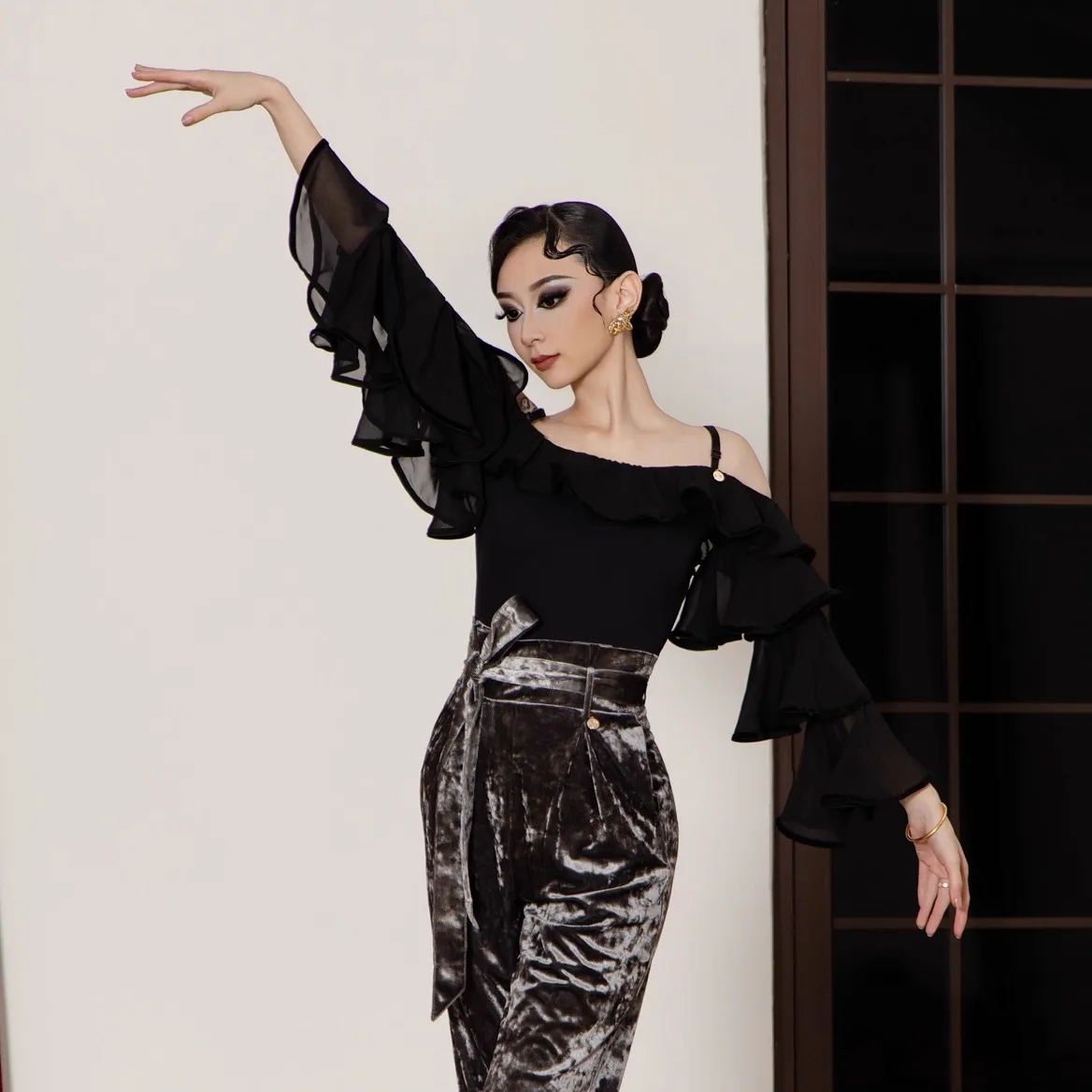 Roupas de dança moderna sexy malha fora do ombro plissado topo chacha tango valsa latina trajes prática dança de salão usar dn22223