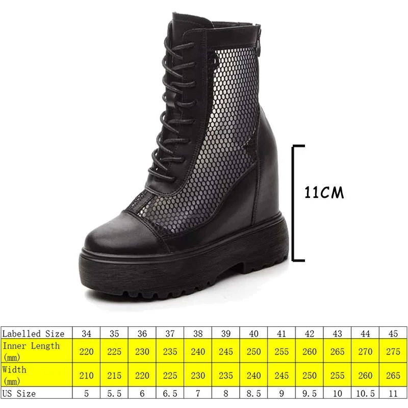 Fujin 11cm 2024 Air Mesh Hollow Cow Genuine Leather Summer Sandals Casual Ankle Boots Knee High Breathable Wedge Platform Shoes