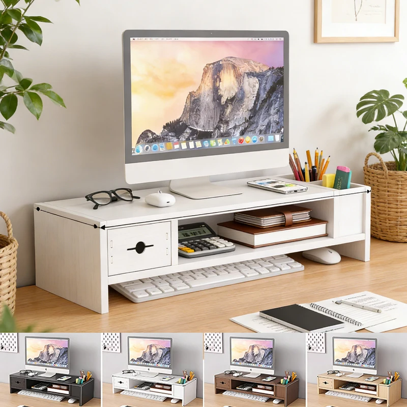 

Wooden Desktop Organizer with Drawer&Pen Holder Ergonomic Monitor Stand Riser Office Space-Saving Storage for Keyboard Notebook