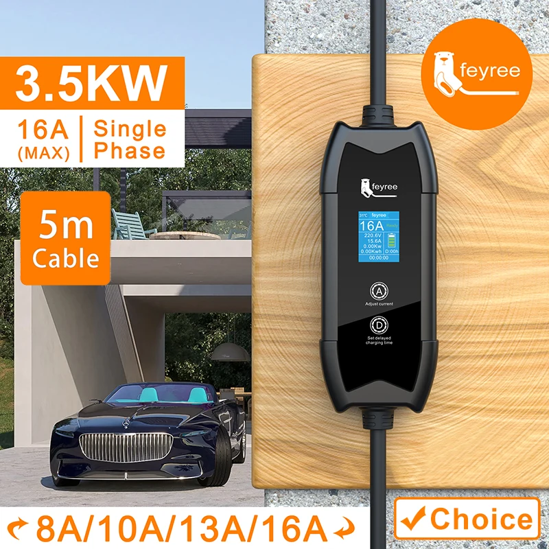 Feyree Cargador EV portátil Type2 16A 3.5kW GBT 5M Cable Type1 Caja de carga con tiempo de retardo de configuración para vehículo eléctrico Coche