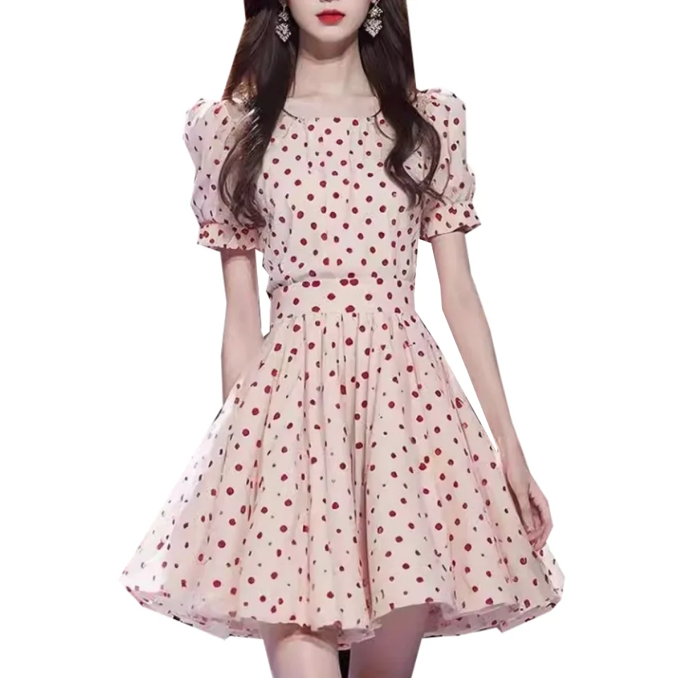 

Spring And Summer New Round Neck Polka Dot Sweet Women's Dress Fashion Office Lady Casual High Waist Slim Party Vestidos