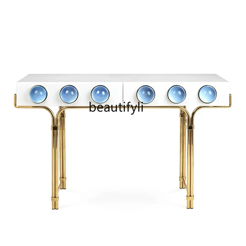 

xx1Acrylic Blue Glass Bead Metal Storage Rack Hallway Side Cabinet Modern Light Luxury Simple Furniture