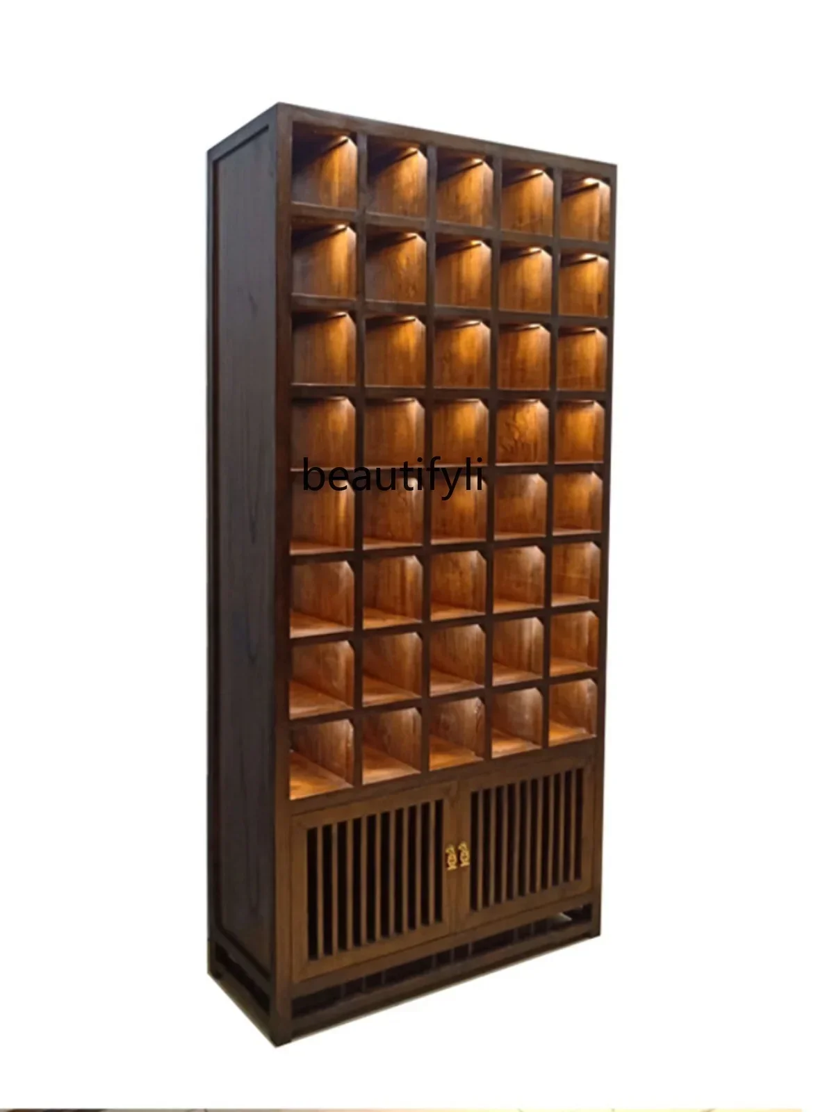 cc182R Solid Wood Purple Clay Pot Display Stand Tea Set Tea Cup Lattice Storage Display Glass Cabinet Old Elm Curio Box Antique