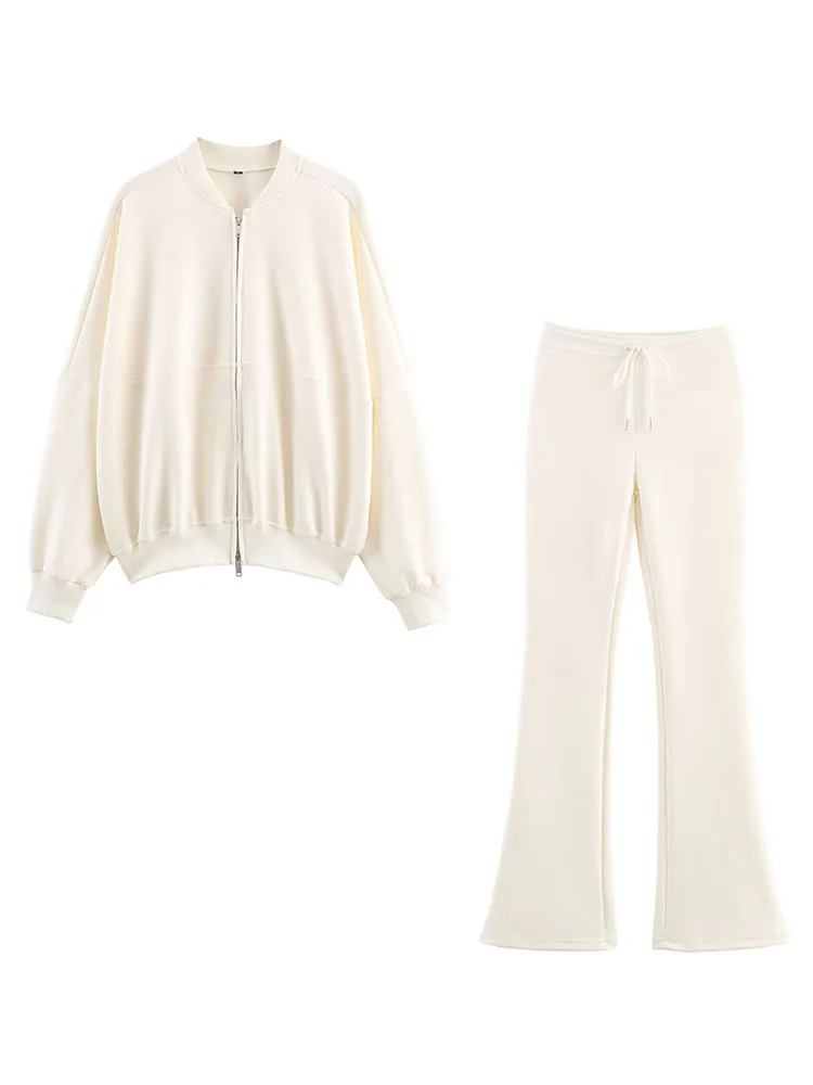 HH Women's Autumn Fashion Set Solid Long Sleeves Zipper Coats+High Waist Lace-Up Decoration Long Pants Female Casual Suits